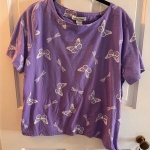 Cute Lilac T-Shirt with Butterflies, Dragonflies, and Side Tie Detail